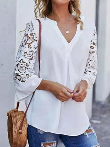 Woochic blouse dentelle v-cou 3/4 manches trompette femme élégant chemisier Blanche S